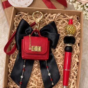 Red Handbag Keychain & Decorative Pen Gift Set – Elegant, Ready to Gift
